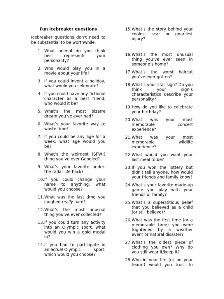 Fun Icebreaker Questions for All Occasions | PDF