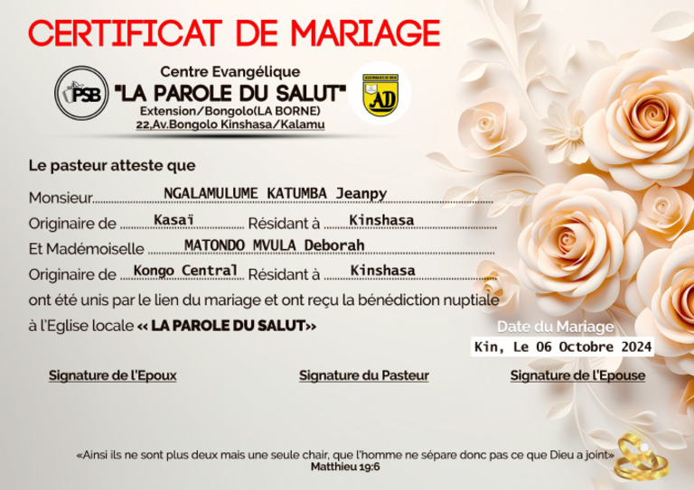 Certificat de Mariage Ps Bongolo Copie | PDF
