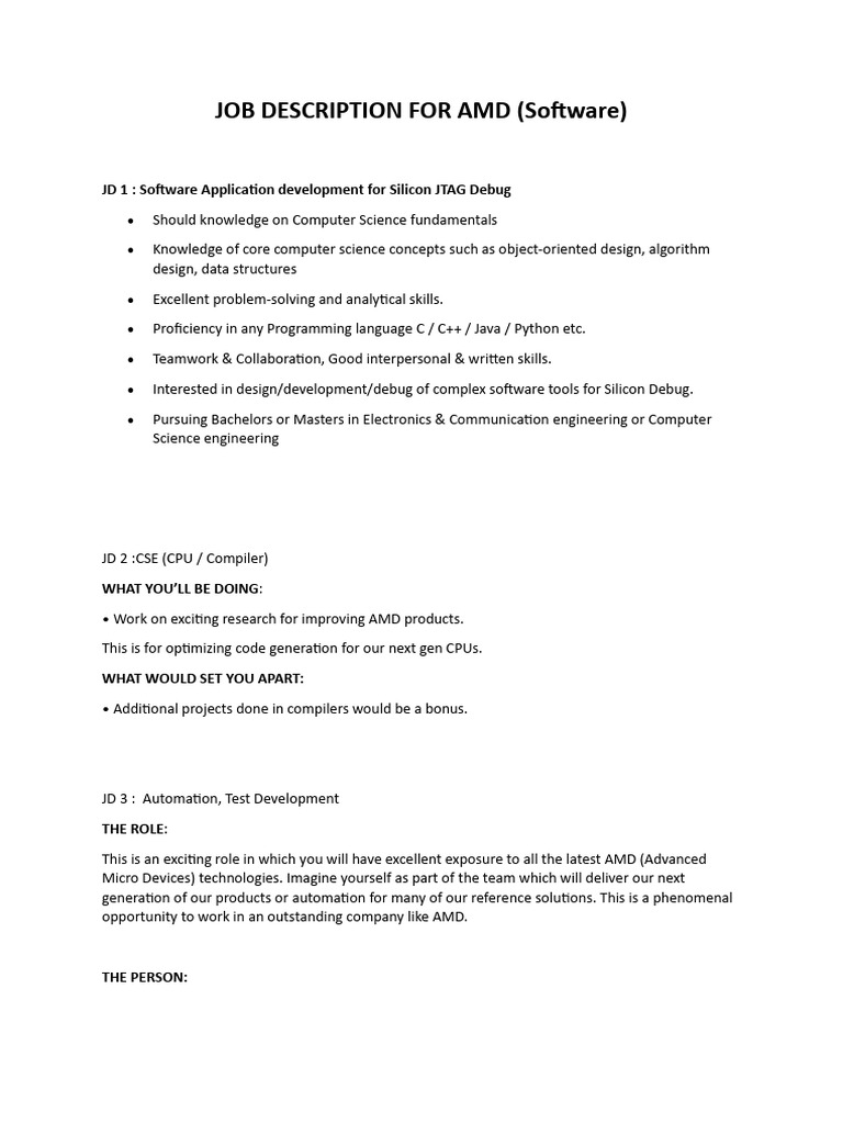 Job Description For Amd (Software) | PDF | Software | Scripting Language