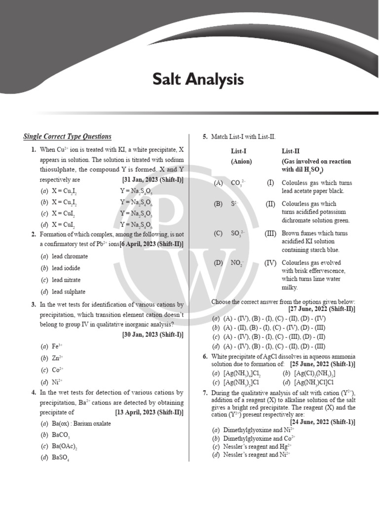 NEET Salt Analysis Questions 2024 | PDF | Chemistry | Chemical Substances