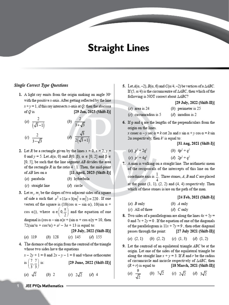 Straight Lines - PYQ Practice Sheet | PDF | Triangle | Triangle Geometry