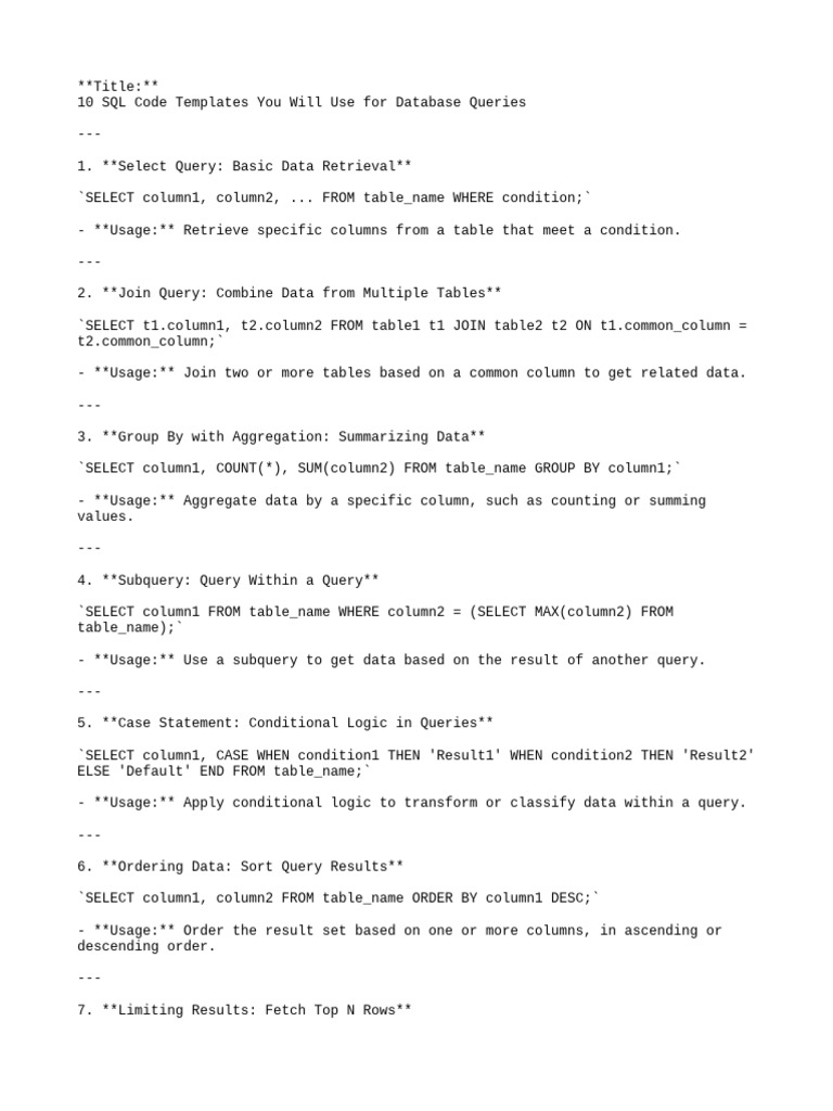 10 SQL Code Templates You Will Use For Database Queries | PDF | Computers