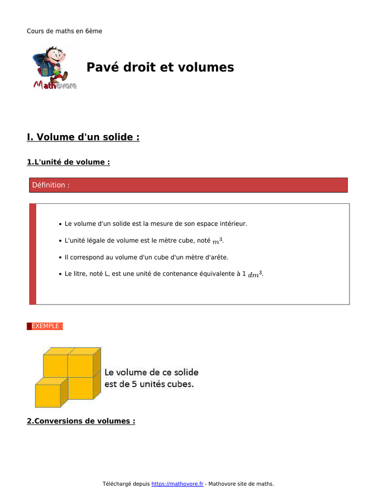 Pave Droit Et Volumes Cours de Maths en 6eme 529 | PDF | Arts du ...