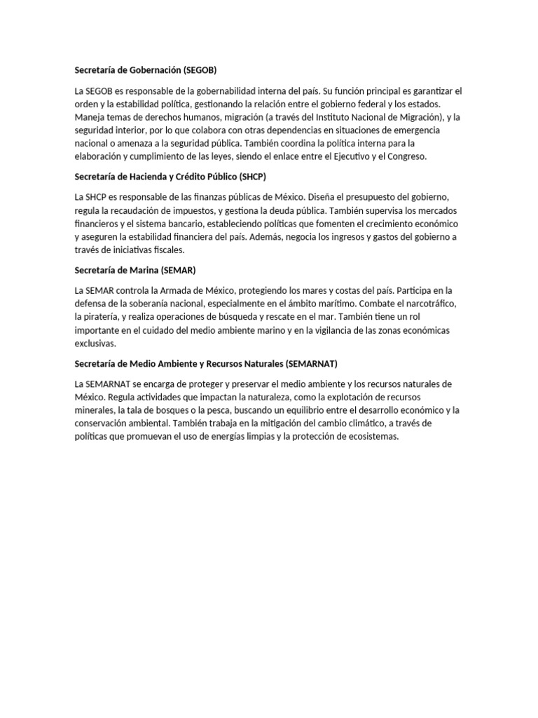 Funciones de las Secretarías en México | PDF