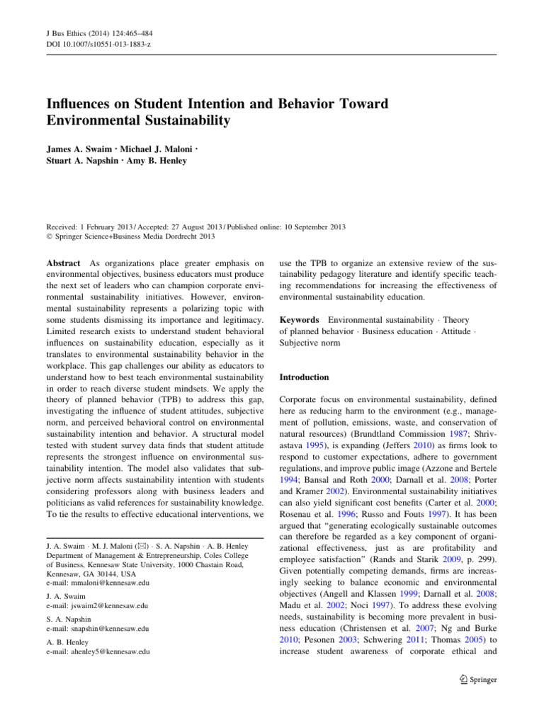 2013 - Influences On Student Intention and Behavior Toward ...