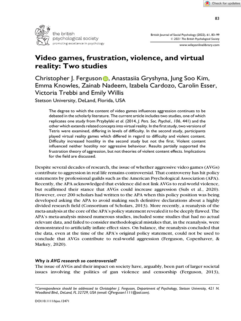 Ferguson Et Al. 2022 Video Games Frustration Violence and Virtual Reality Two Studies PDF