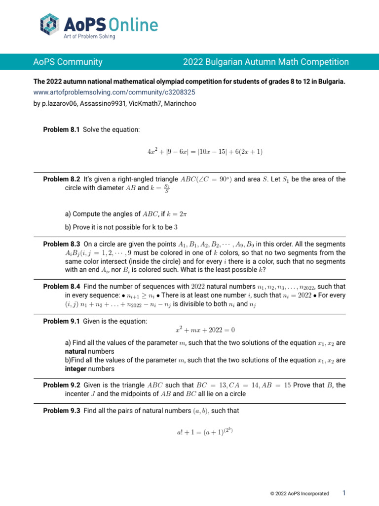 2022 Bulgarian Math Competition Problems | PDF | Classical Geometry ...