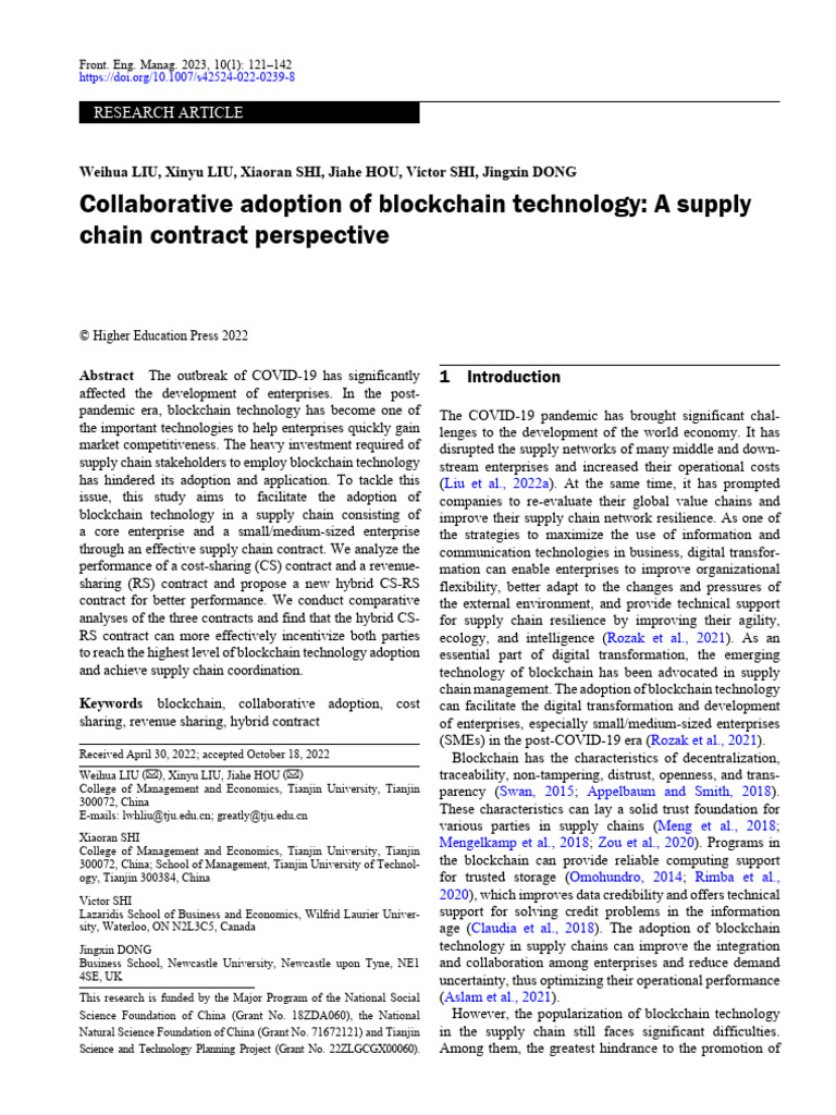 Collaborative Adoption of Blockchain Technology A Supply Chain Contract ...