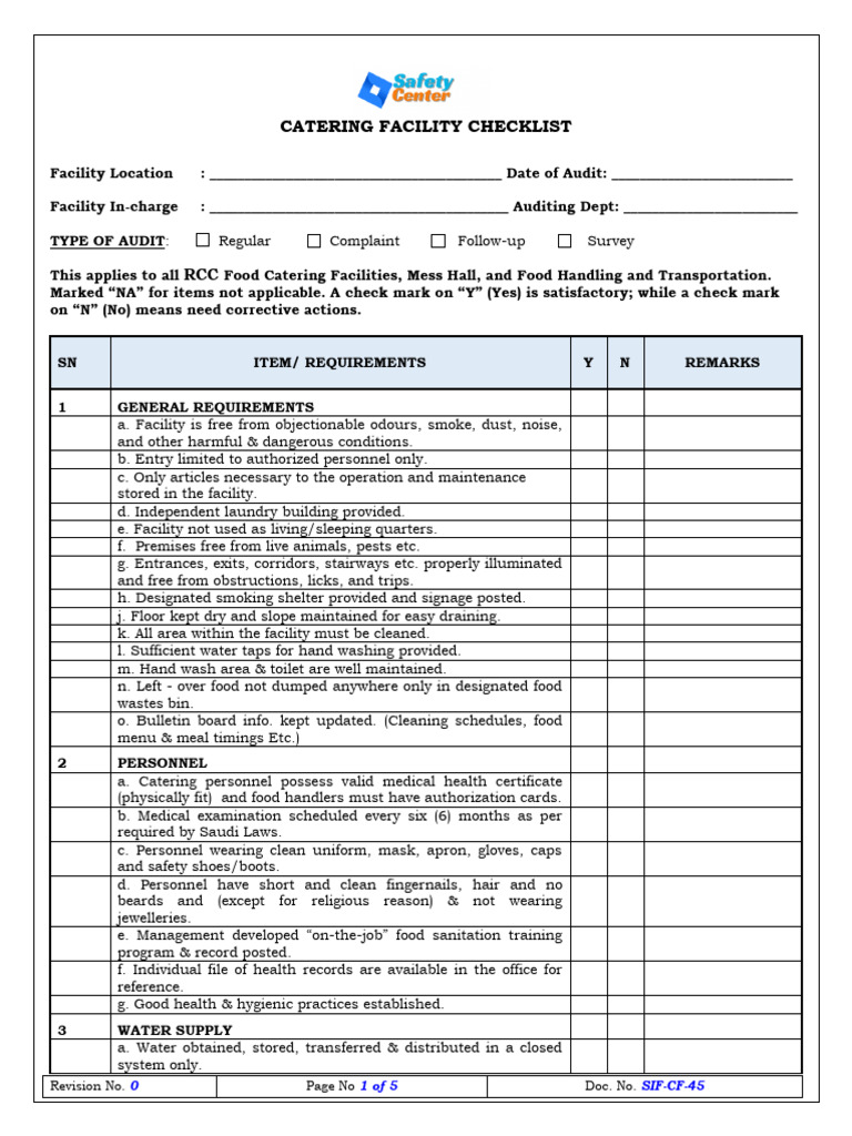 Catering Facility Audit Checklist | PDF | Refrigerator | Hygiene