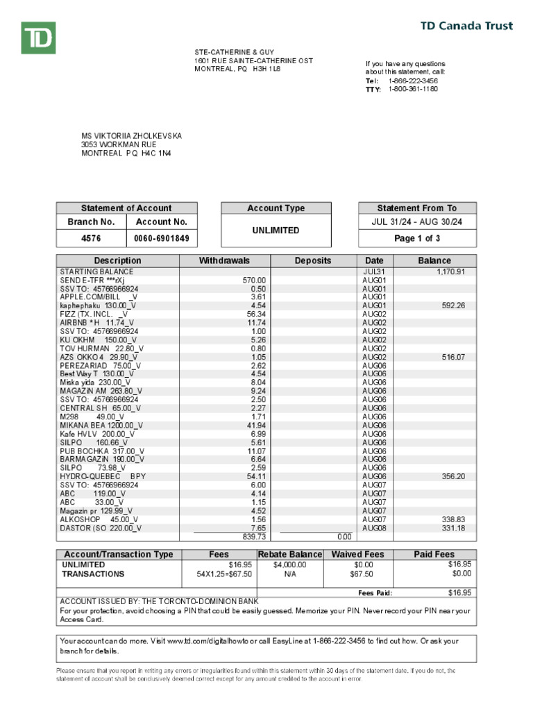 TD Unlimited Chequing Account Summary | PDF | Services (Economics ...