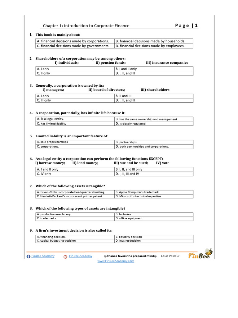 CH 1 Notes Test Bank | PDF | Capital Structure | Corporations