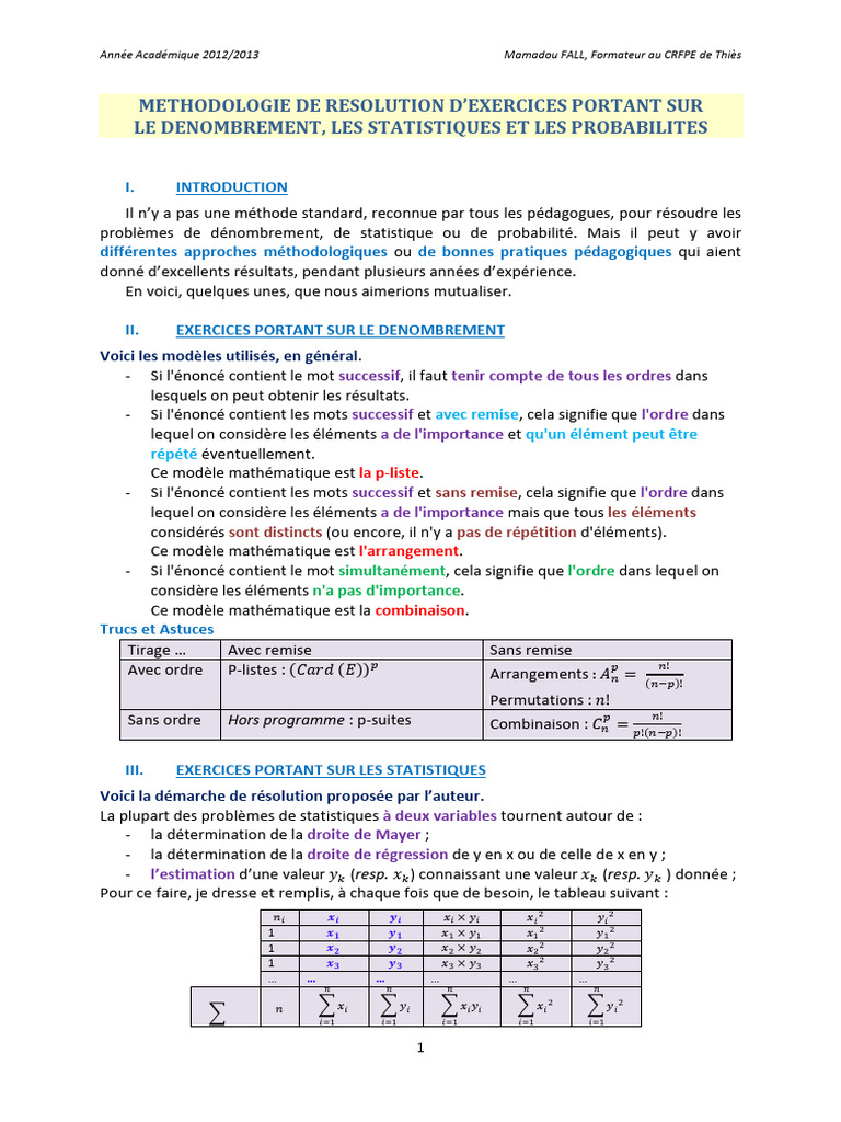 Méthodes de Résolution en Statistiques et Probabilités | PDF ...