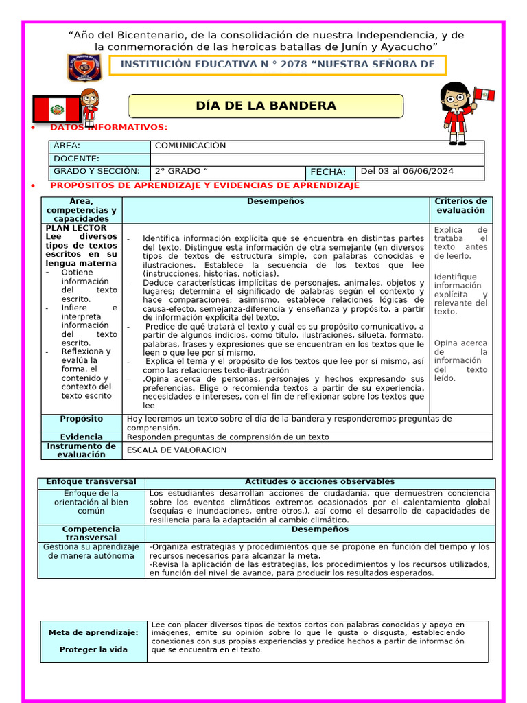 S13 Sesion Com-Plan Lector Dia de La Bandera | PDF | Aprendizaje ...