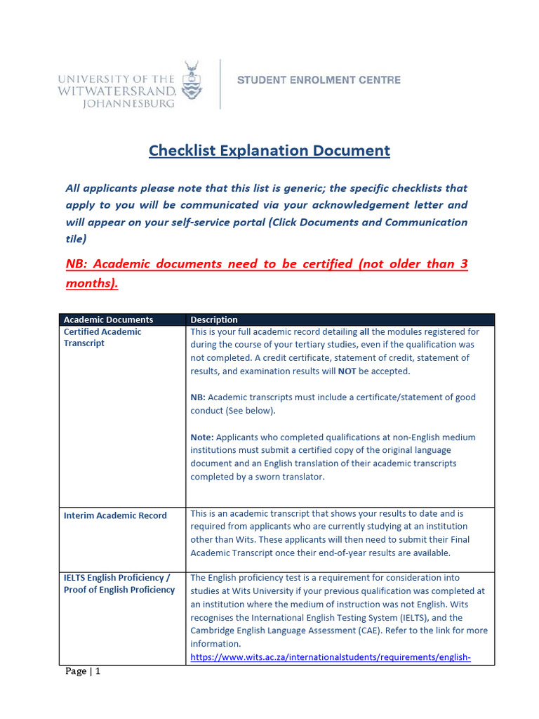 Wits University Application Document Checklist | PDF | International ...