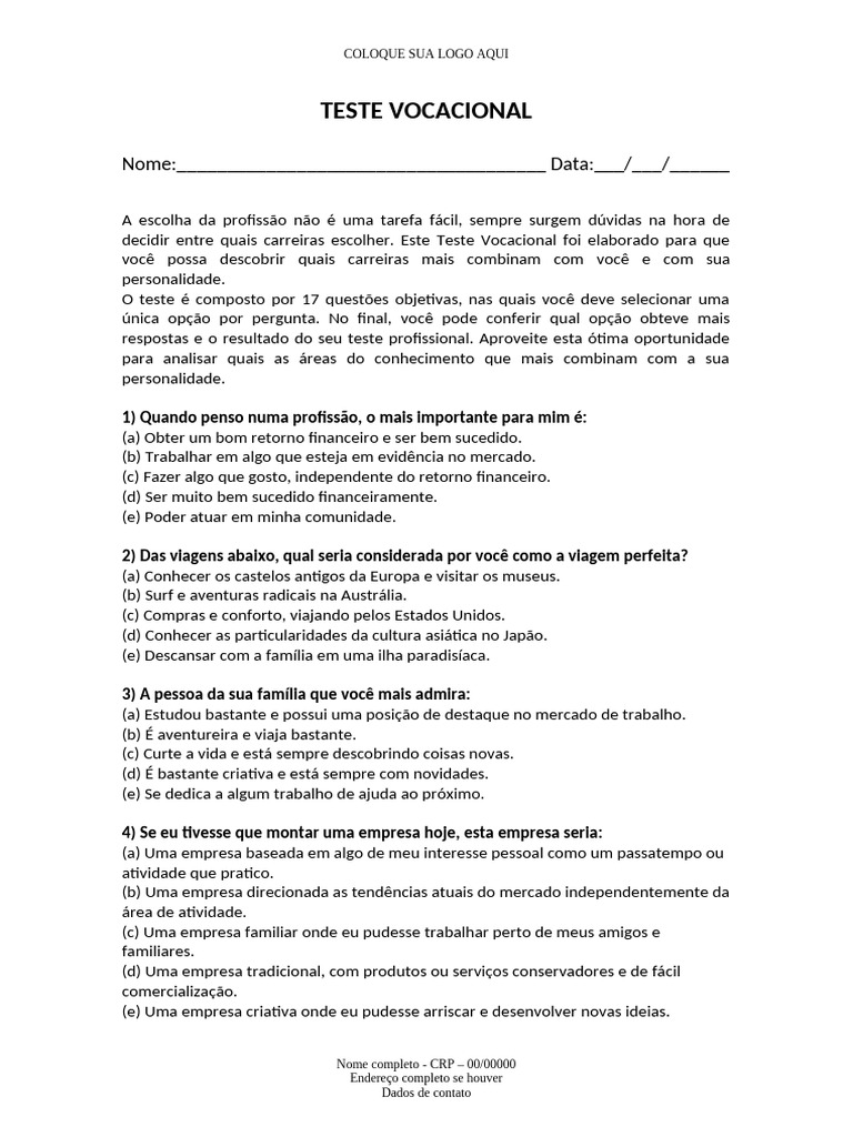 TESTE VOCACIONAL | PDF | Engenharia | Psicologia
