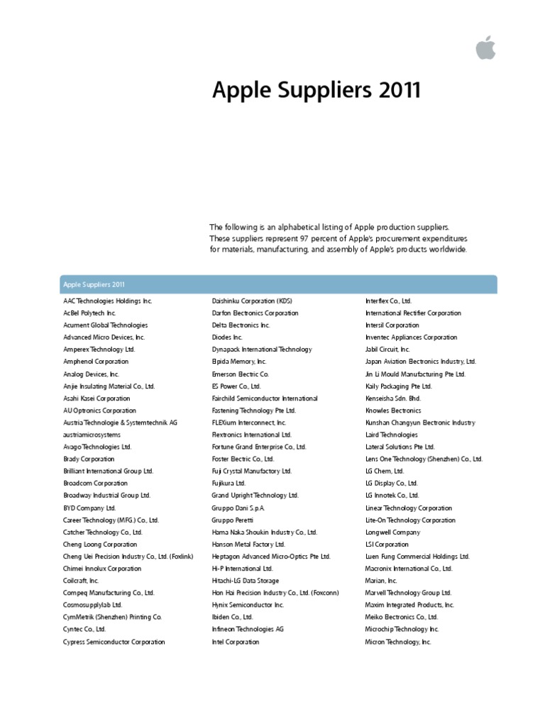 Apple Supplier List 2011 Apple Inc. Electronics