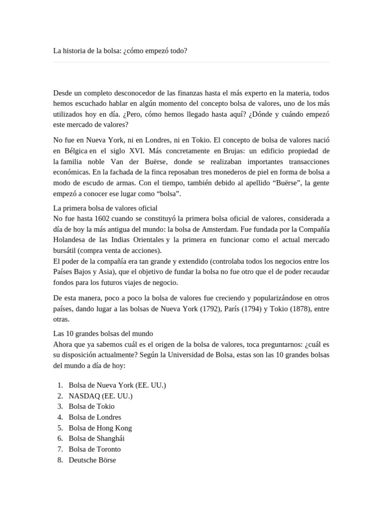 Historia y evolución de la bolsa de valores | PDF | Bolsa | Economias