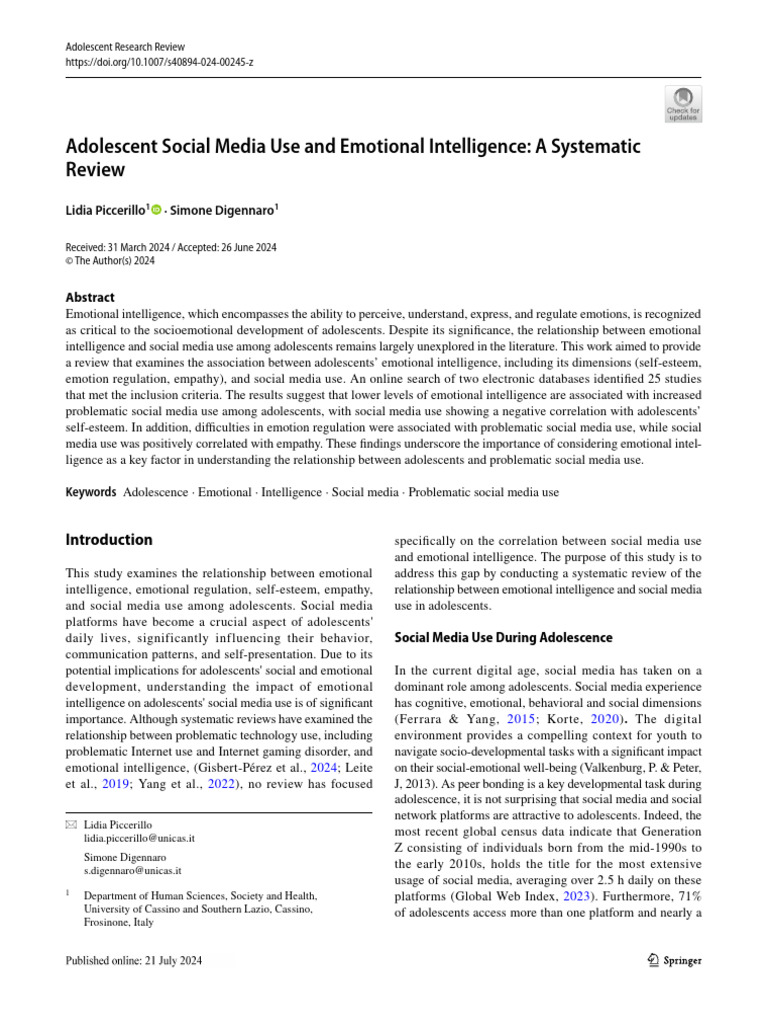 Adolescent Social Media Use and Emotional Intelligence: A Systematic ...