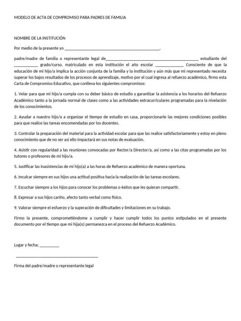 Acta de Compromiso para Padres de Familia | PDF