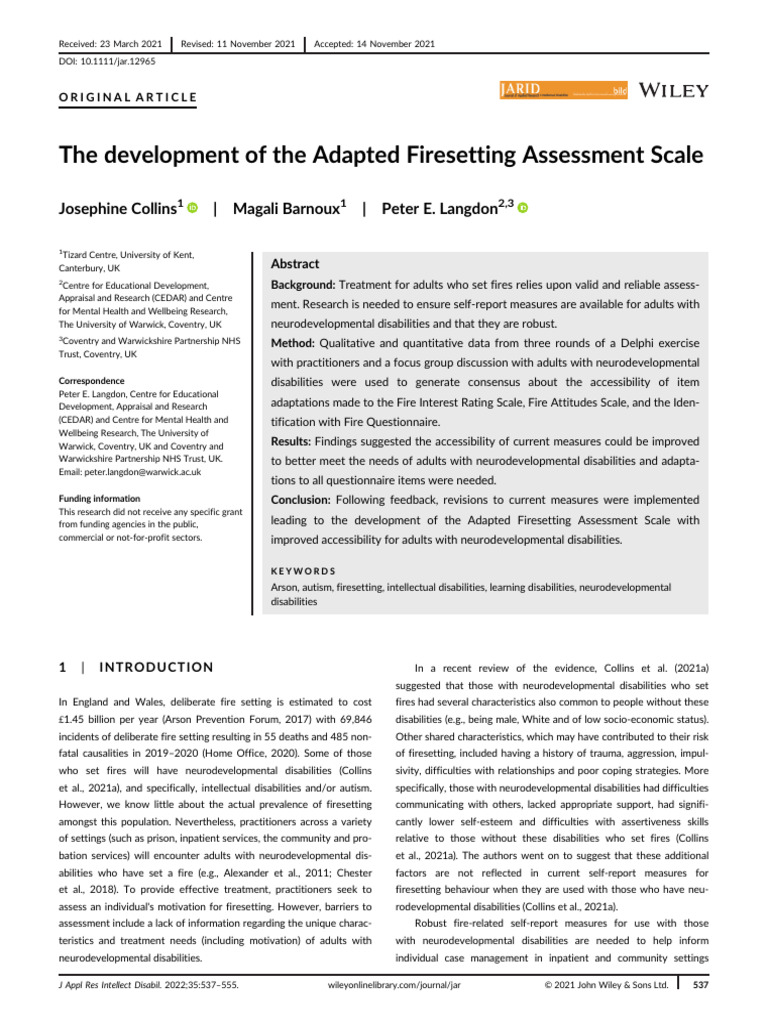 Adapted Firesetting Assessment Scale Development | PDF | Self Report ...