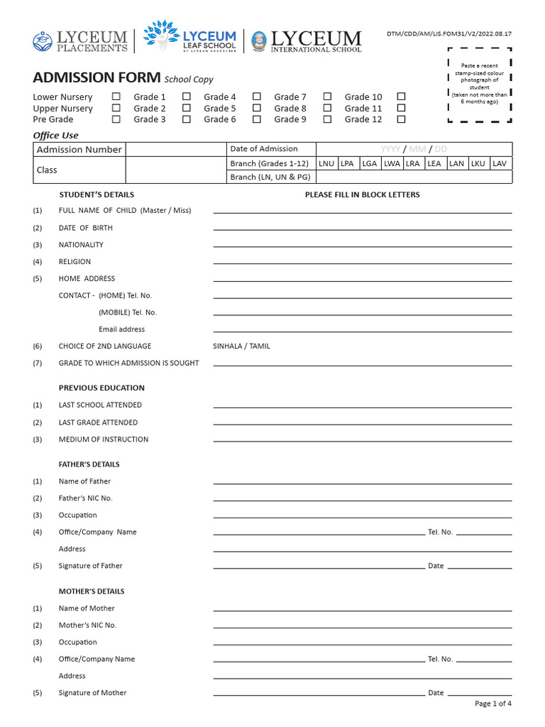 School Admission Form Template | PDF | Bullying | Defamation