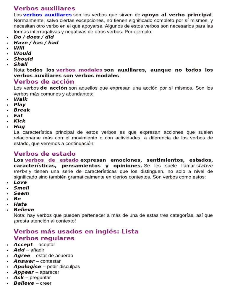 Tipos de Verbos en Inglés: Auxiliares y Más | PDF | Verbo | Mecánica ...