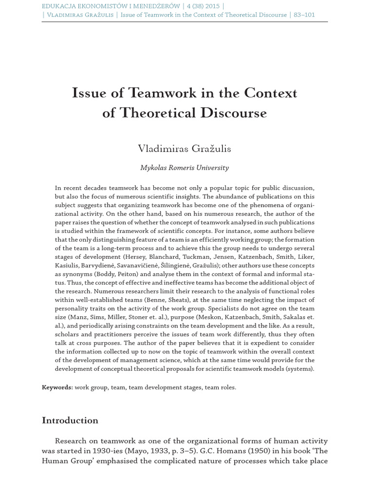 Issue of teamwork in the context of theoretical discourse vladimiras