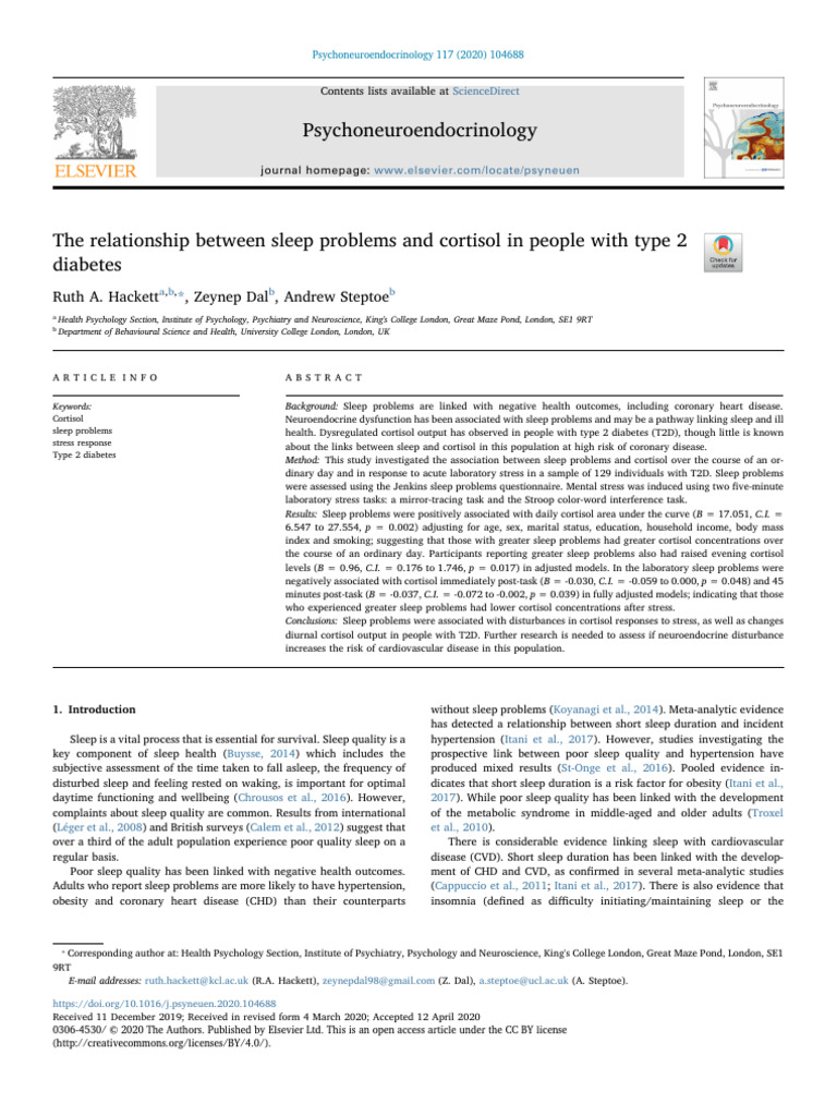The Relationship Between Sleep Problems and Cortisol in - 2020 ...