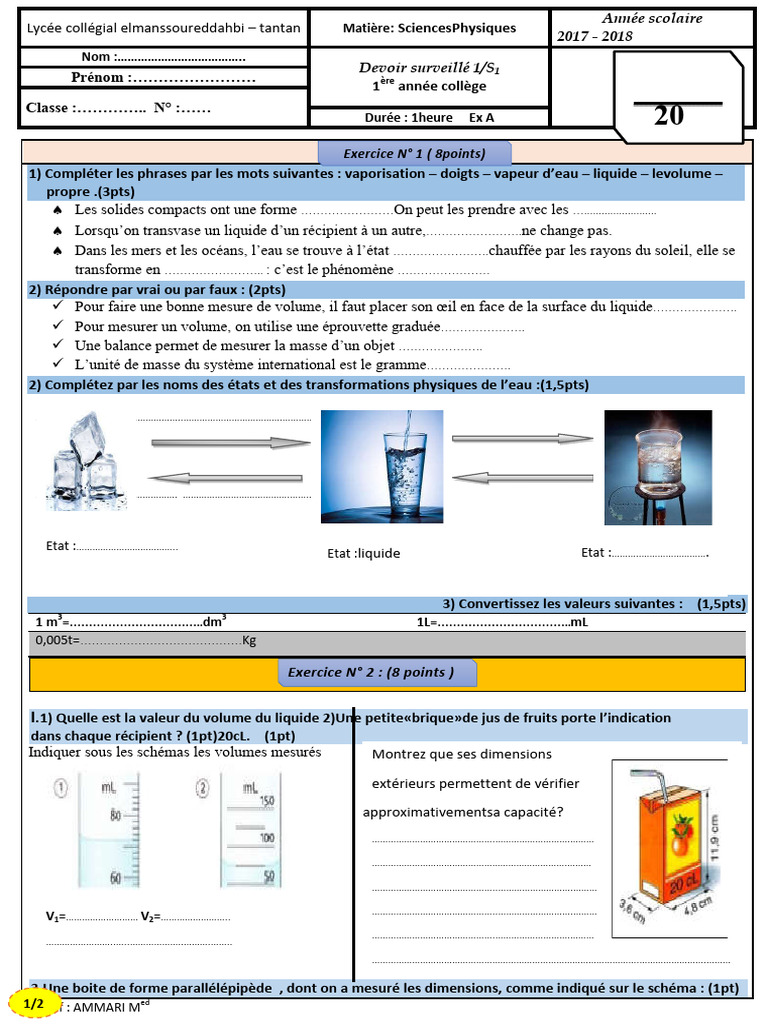 Devoir 1 Modele 15 Physique Chimie 1ac Semestre 1 | PDF | Métrologie