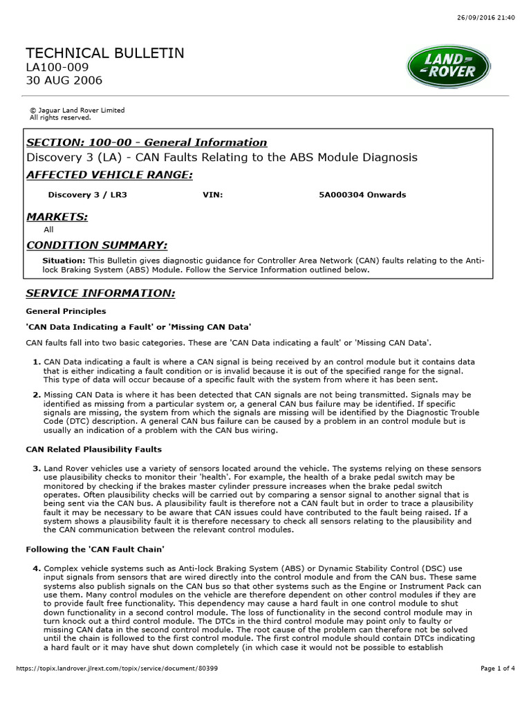 LA100-009 - CAN Faults Relating To The ABS Module Diagnosis | PDF ...