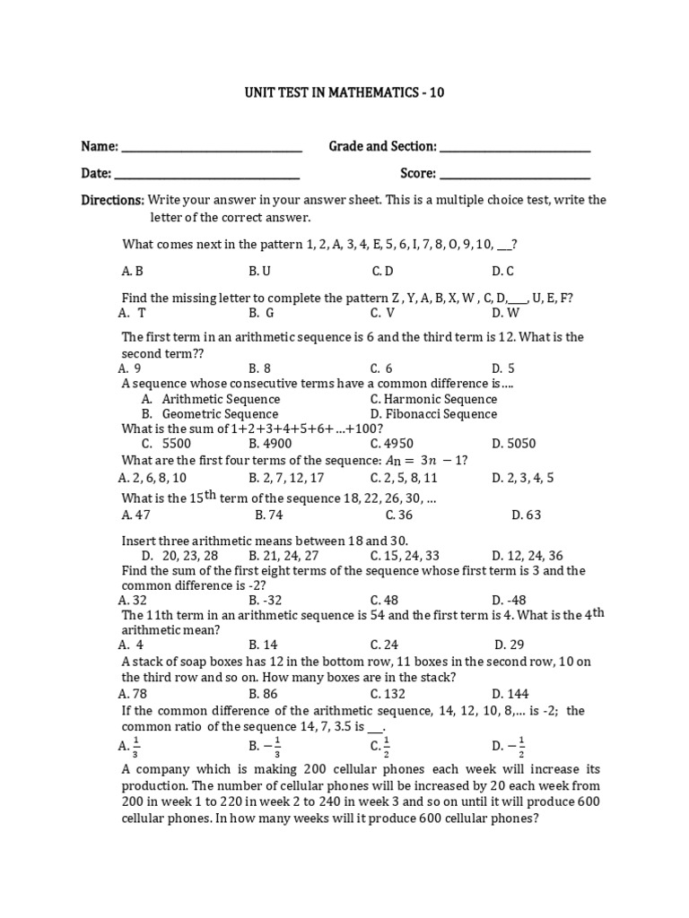 Mathematics Unit Test: Patterns & Sequences | PDF | Sequence ...