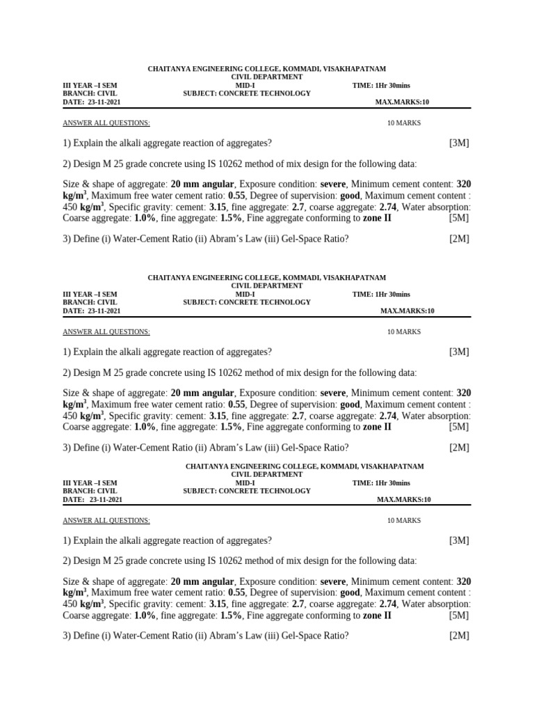 CT Mid - 1 Question Paper R | PDF | Concrete | Cement