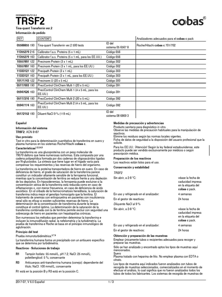 Test de Transferrina Tina-quant TRSF2 | PDF | Laboratorios