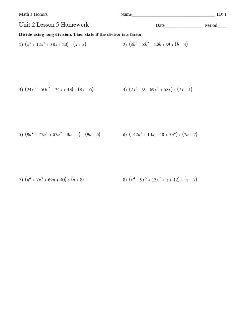 5.3 - Polynomial Division Homework | PDF