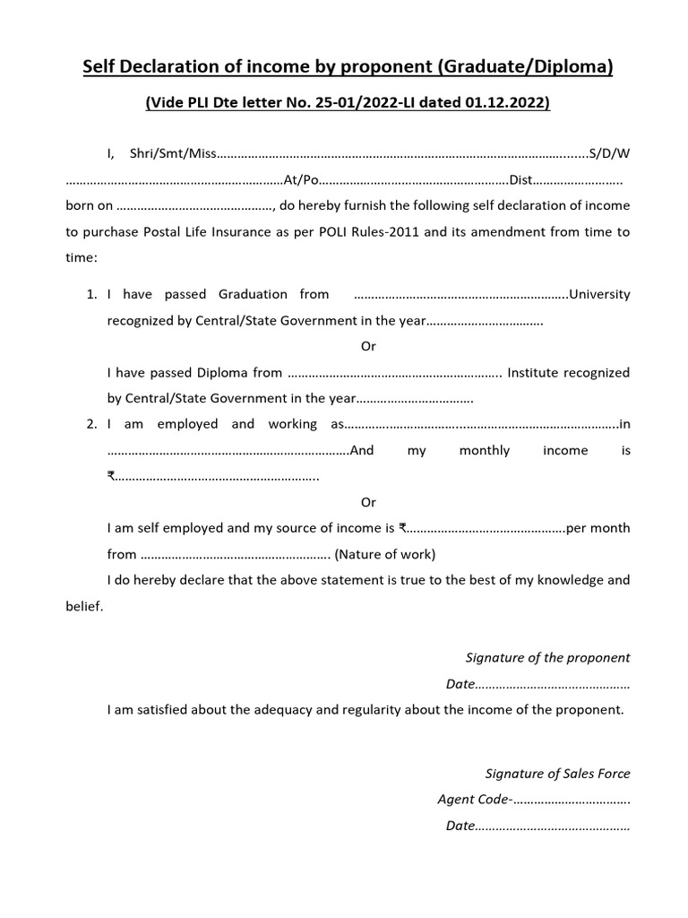 Self Declaration of Income for Insurance | PDF