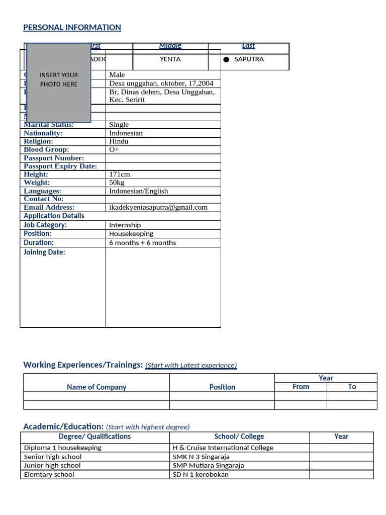 Internship Application: Housekeeping Role | PDF