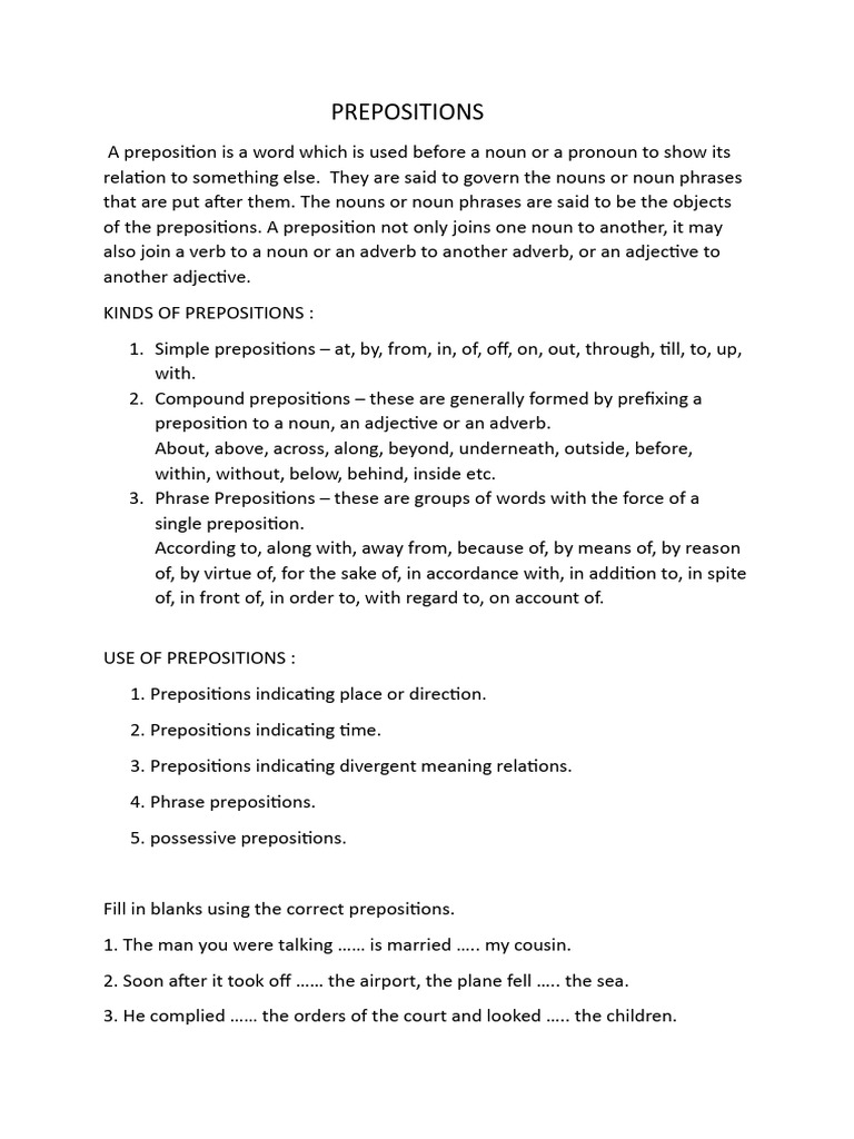 Prepositions With Practice Pdf Preposition And Postposition Noun