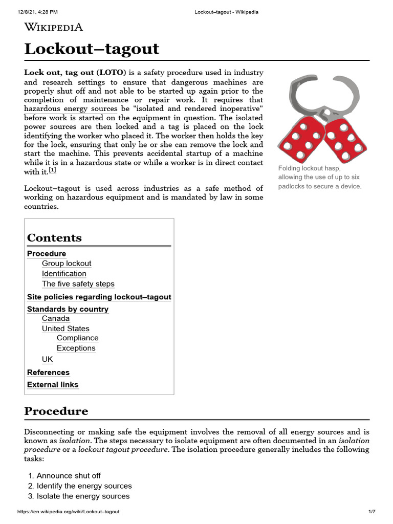 14.lockout-Tagout - Wikipedia | PDF | Safety | Occupational Safety And ...
