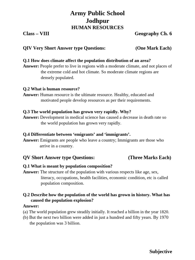 Class VIII Geography Ch 6 Subjective Questions PDF Earth Sciences