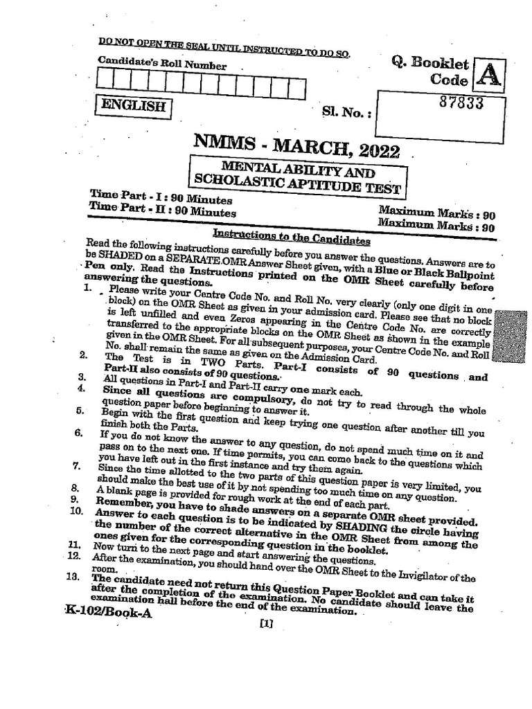 NMMS 2021 March 2022 Question-Paper English Medium | PDF