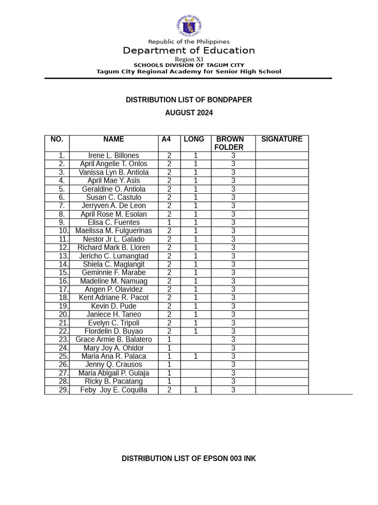 Senior High School Supplies Distribution | PDF