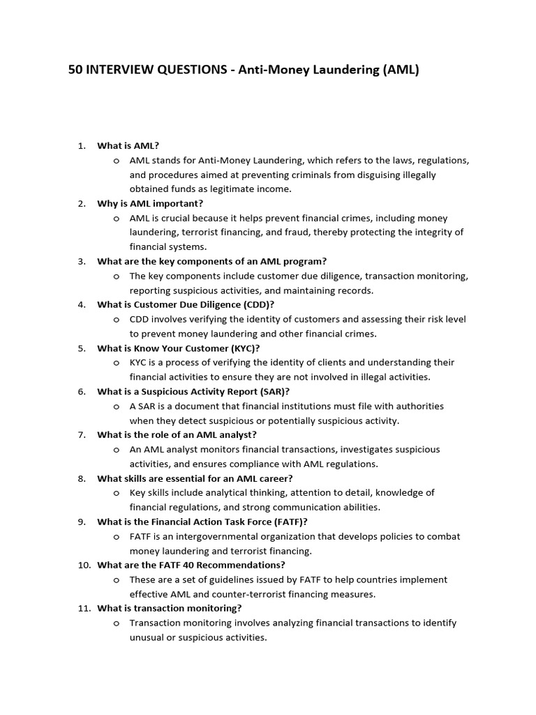 50 AML Interview Q&A | PDF | Regulatory Compliance | Corporate Governance