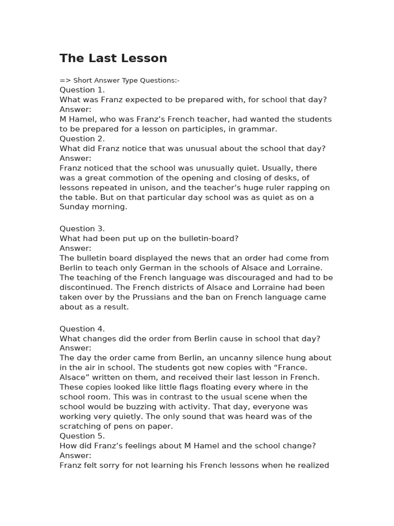 The Last Lesson Class 12 English | PDF