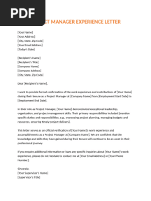 Project Manager Experience Letter
