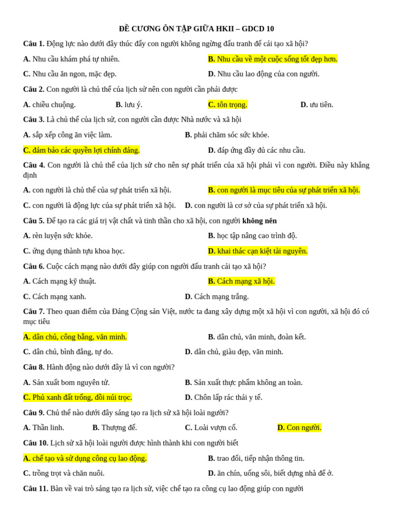 GDCD 10 - ĐỀ CƯƠNG ÔN TẬP GIỮA HKII BTVN | PDF