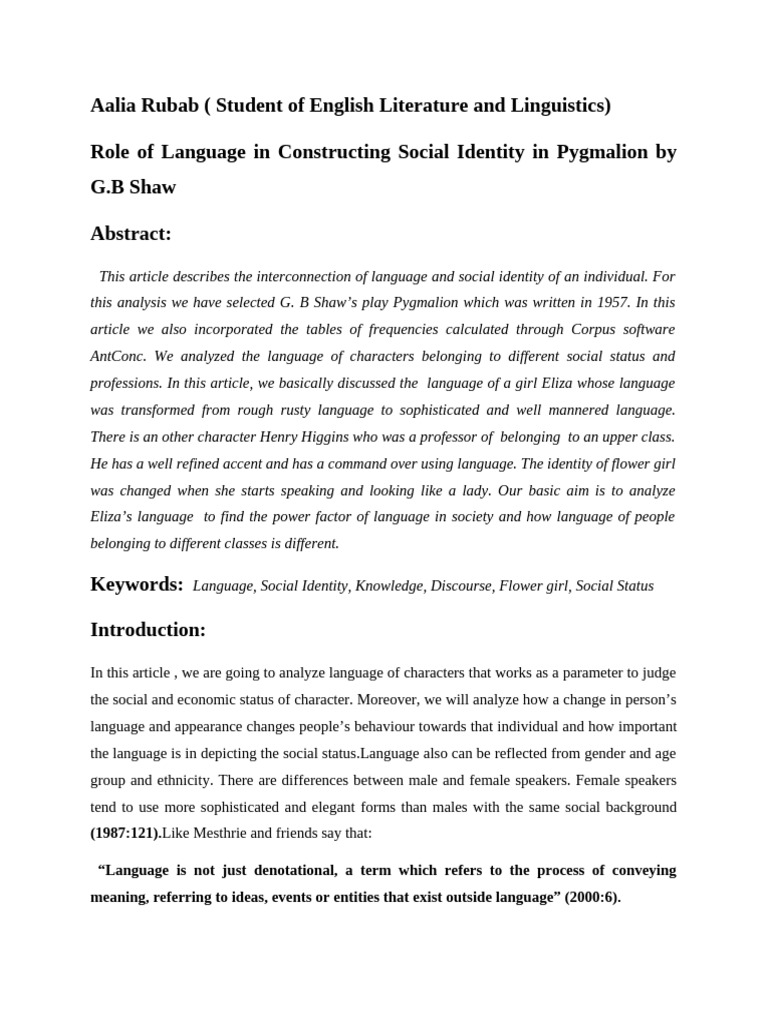 Language and Social Identity in Pygmalion | PDF | Pygmalion (Play ...