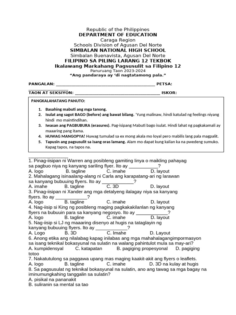 2nd Periodical Exam in FILIPINO 12 Tekbok | PDF