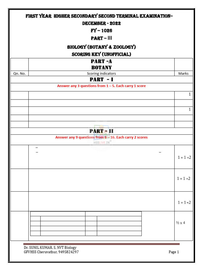 Hsslive Xi Biology Term 2 Dec 2022 Key Sunil | PDF | Leaf | Flowers