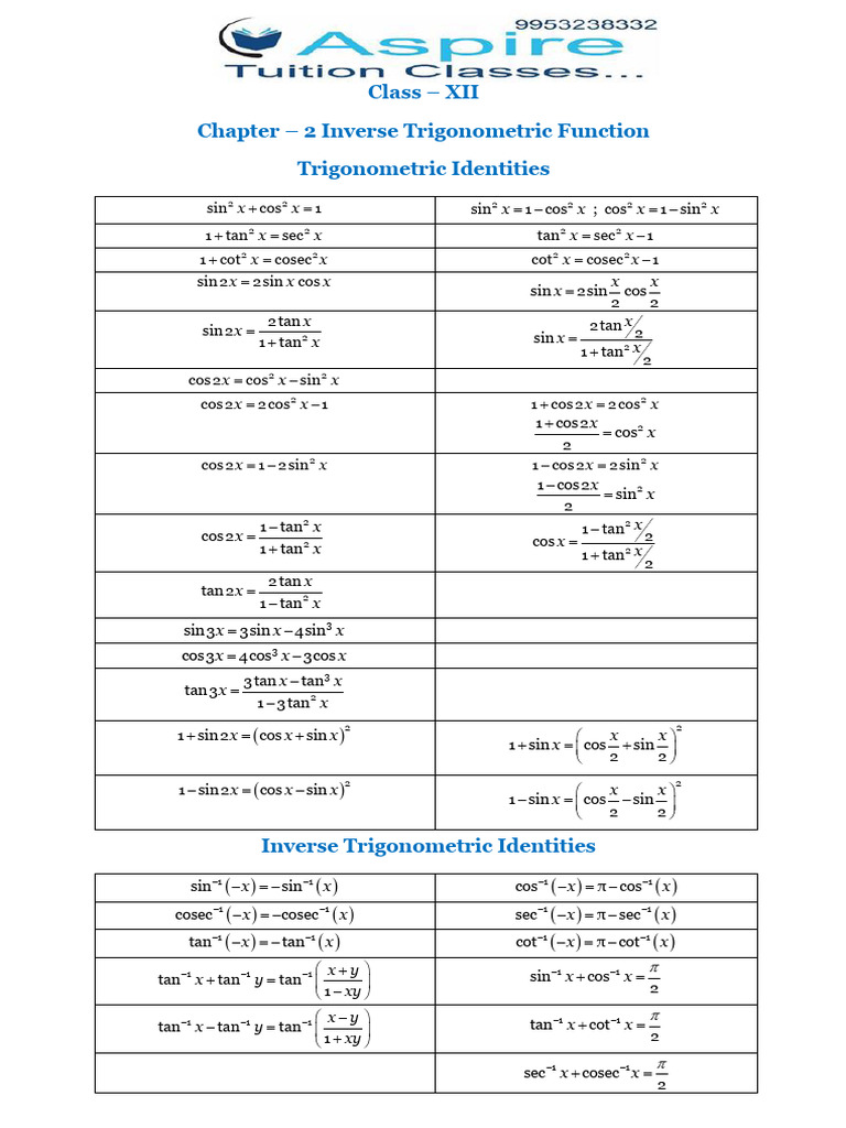 Atc Class 12 Maths Formulasheet | PDF