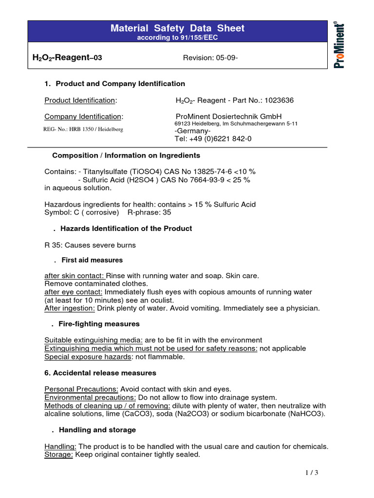 MSDS for Hydrogen Peroxide Reagent | PDF | Dangerous Goods | Chemistry